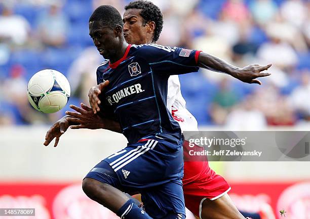 Patrick Nyarko of the Chicago Fire and Roy Miller of the New York Red Bulls chase the ball during their match at Red Bull Arena on July 18, 2012 in...