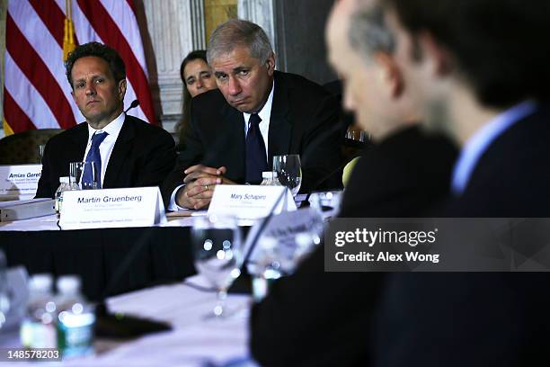 Secretary of the Treasury Timothy Geithner and acting chairman of the Federal Deposit Insurance Corporation Martin Gruenberg listen during a meeting...