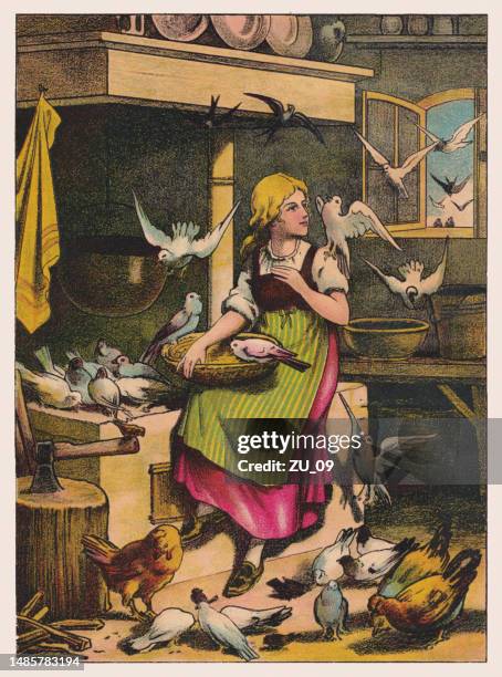 ilustrações de stock, clip art, desenhos animados e ícones de cinderella (grimms' fairy tales), chromollithograph, published ca. 1895 - cinderela
