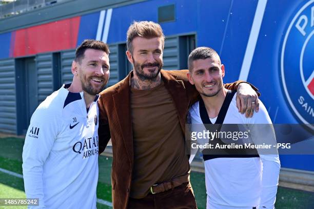Leo Messi, David Beckham and Marco Verratti pose after a Paris Saint-Germain training session on April 27, 2023 in Paris, France.