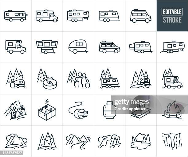wohnmobile rv thin line icons - bearbeitbarer strich - camping stock-grafiken, -clipart, -cartoons und -symbole