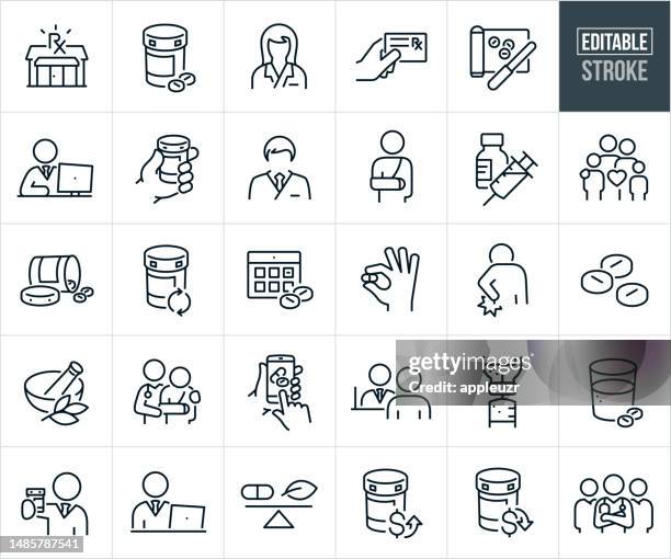 pharmacy and drug store thin line icons - editable stroke - prescription stock illustrations