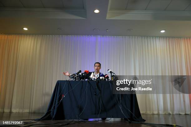 Venezuelan opposition leader Juan Guaidó holds a press conference at the La Jolla Ballroom on April 27, 2023 in Coral Gables, Florida. Guaido, who...