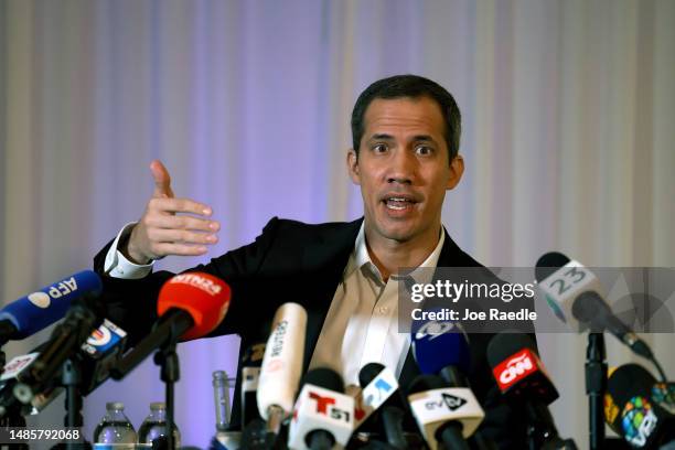 Venezuelan opposition leader Juan Guaidó holds a press conference at the La Jolla Ballroom on April 27, 2023 in Coral Gables, Florida. Guaido, who...