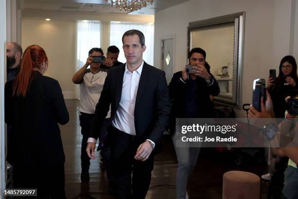 Venezuelan opposition leader Juan Guaidó arrives for a press conference at the La Jolla Ballroom on April 27, 2023 in Coral Gables, Florida. Guaido,...