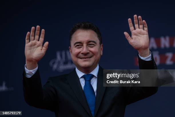 Leader of the Deva Party and Vice Presitential candidate Ali Babacan greets supporters at a rally while campaigning for the presidential election on...