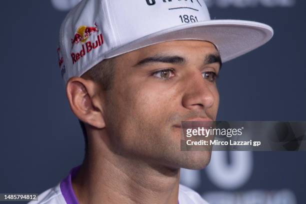 Jorge Martin of Spain and Pramac Racing looks on during the press conference pre-event during the MotoGP Of Spain - Previews on April 27, 2023 in...