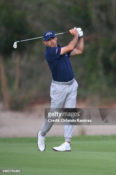 Jonathan Byrd of the United States plays his second shot on the second hole during the first round of the Mexico Open at Vidanta on April 27, 2023 in...