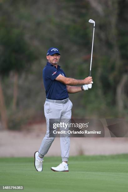 Jonathan Byrd of the United States plays his second shot on the second hole during the first round of the Mexico Open at Vidanta on April 27, 2023 in...