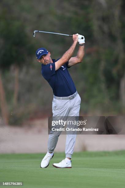 Jonathan Byrd of the United States plays his second shot on the second hole during the first round of the Mexico Open at Vidanta on April 27, 2023 in...