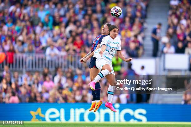 Maria Leon of FC Barcelona competes for the ball with Sam Kerr of Chelsea FC during the UEFA Women's Champions League semifinal 2nd leg match between...