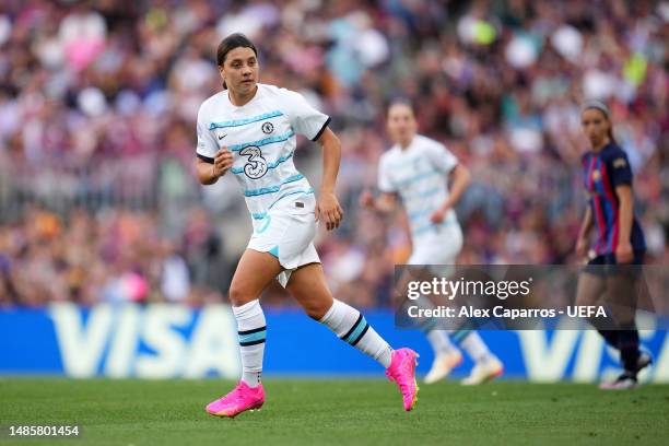 Sam Kerr of Chelsea looks on during the UEFA Women's Champions League semifinal 2nd leg match between FC Barcelona and Chelsea FC at Camp Nou on...