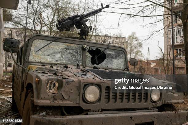 Military land vehicle lies wrecked by a shelling on April 12, 2023 in Bakhmut, Ukraine. In Bakhmut, both warring parties do not engage in shooting...