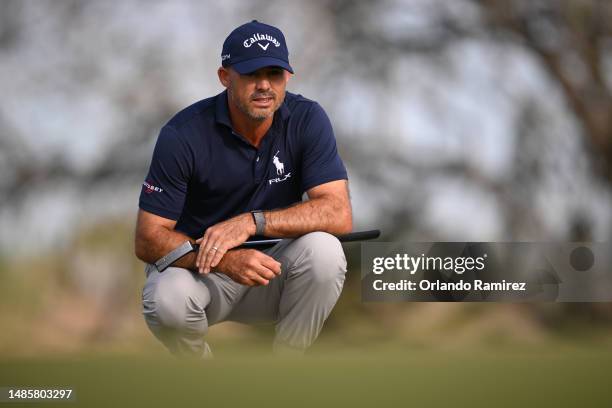 Jonathan Byrd of the United States lines up a putt second hole during the first round of the Mexico Open at Vidanta on April 27, 2023 in Puerto...