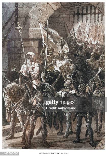 old engraved illustration of crusaders on the march, knights lead through the city gates by a monk and herald - crusaders stock pictures, royalty-free photos & images