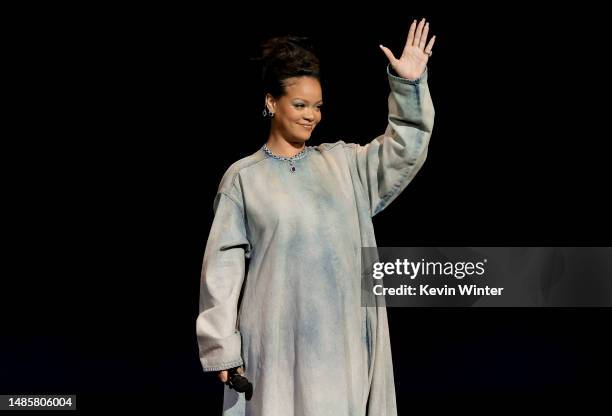 Rihanna speaks onstage, promoting the upcoming Smurfs film, for the Paramount Pictures presentation during CinemaCon 2023, the official convention of...