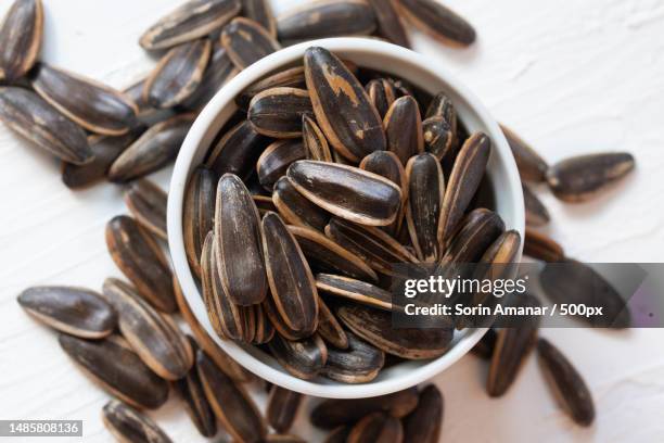 sunflower seeds toasted in a blue bucket - sonnenblumenkerne stock-fotos und bilder