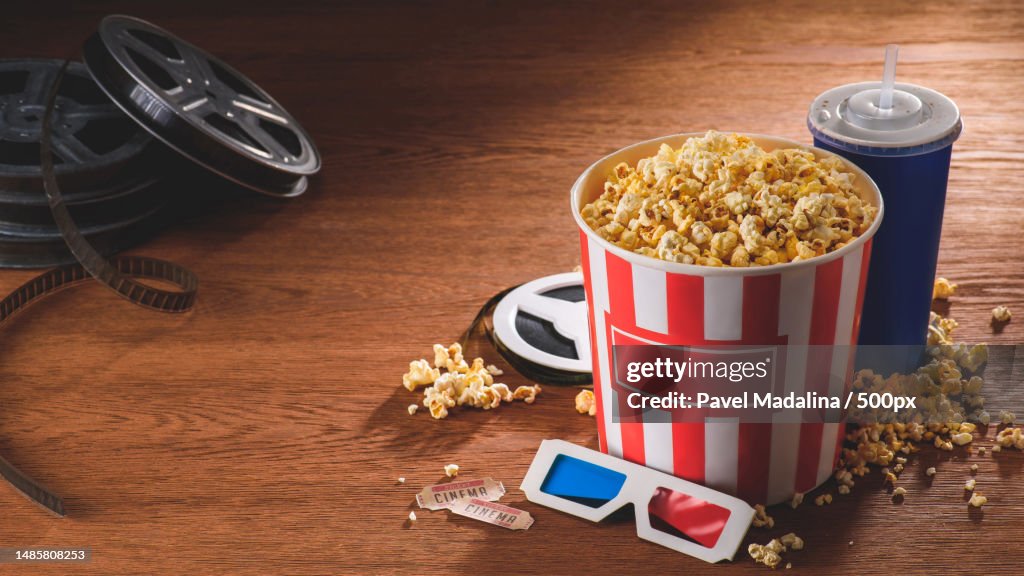 High angle view of popcorn in container on table,Romania