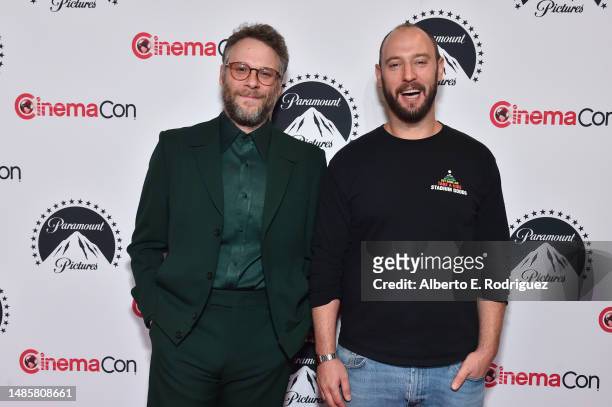 Seth Rogen and Evan Goldberg pose for photos, promoting the upcoming film "Teenage Mutant Ninja Turtles: Mutant Mayhem", at the Paramount Pictures...
