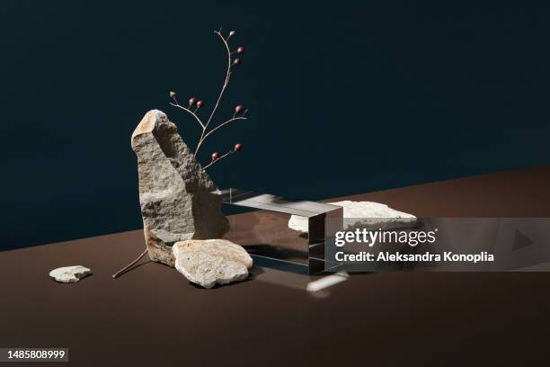 abstract still life composition of grey stones, glass prism and dry brunch on duotone dark brown and navy blue background. conceptual natural eco podium mock up - business dunkler hintergrund studioaufnahme stock-fotos und bilder