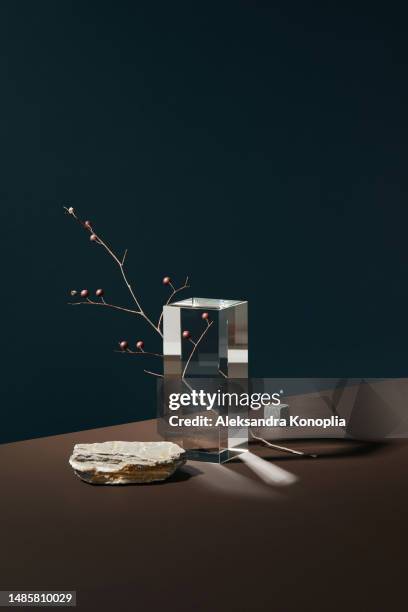 stage with empty natural podium made of white stones,  glass prism and tree branch on dark blue and chocolate brown background.  eco podium mock up with copy space. - podium mode stock-fotos und bilder