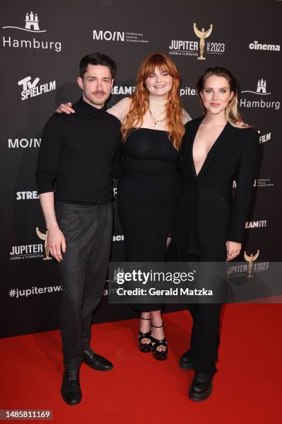 Josia Krug, Sophie Passmann and Leonie Brill attend the Jupiter Award 2023 at Altonaer Kaispeicher on April 27, 2023 in Hamburg, Germany.