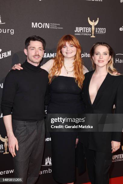 Josia Krug, Sophie Passmann and Leonie Brill attend the Jupiter Award 2023 at Altonaer Kaispeicher on April 27, 2023 in Hamburg, Germany.