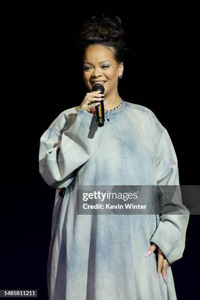 Rihanna speaks onstage, promoting the upcoming Smurfs film, for the Paramount Pictures presentation during CinemaCon 2023, the official convention of...