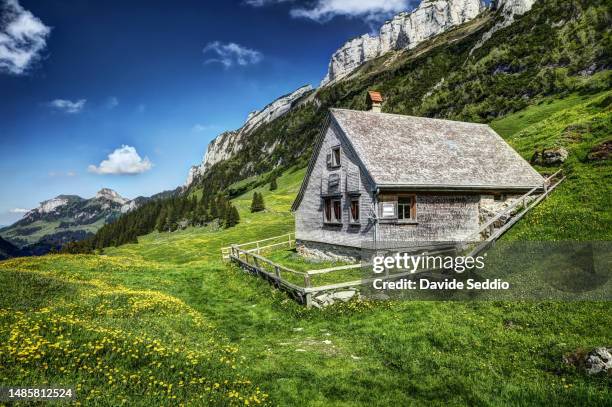 wooden hut on the way to the fälensee alpine lake - appenzell innerrhoden stock pictures, royalty-free photos & images