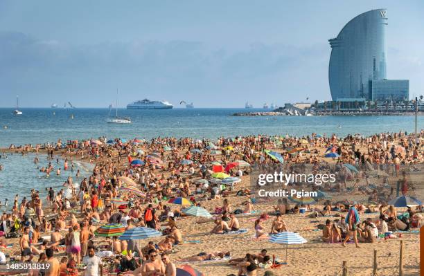 a crowd of people suntan on the sea shore sand of barceloneta beach in barcelona spain - barceloneta beach stock pictures, royalty-free photos & images