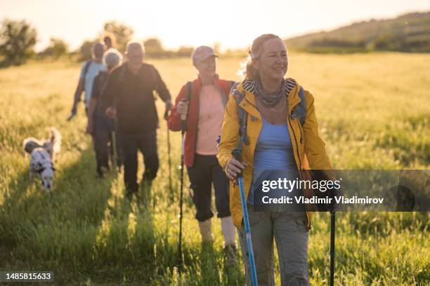 a senior walking group - nordic walking group stock pictures, royalty-free photos & images