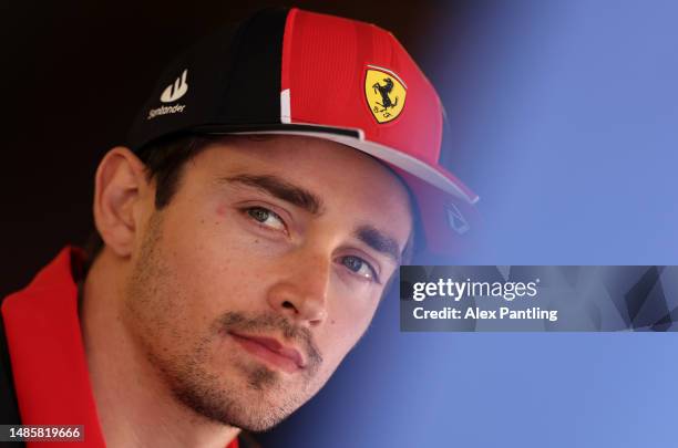 Charles Leclerc of Monaco and Ferrari is interviewed ahead of the F1 Grand Prix of Azerbaijan at Baku City Circuit on April 27, 2023 in Baku,...