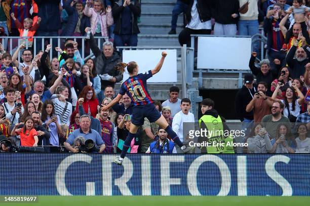 Caroline Graham Hansen of FC Barcelona celebrates with fans after scoring the team's first goal during the UEFA Women's Champions League semifinal...