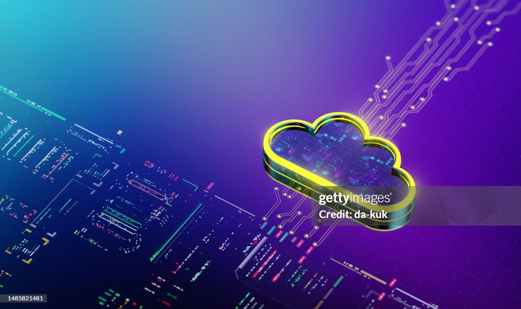 クラウドコンピューティングの力。業界と顧客サービスの変革。未来を見据えて。データを処理する黄色の雲のアイコン。3Dレンダリング