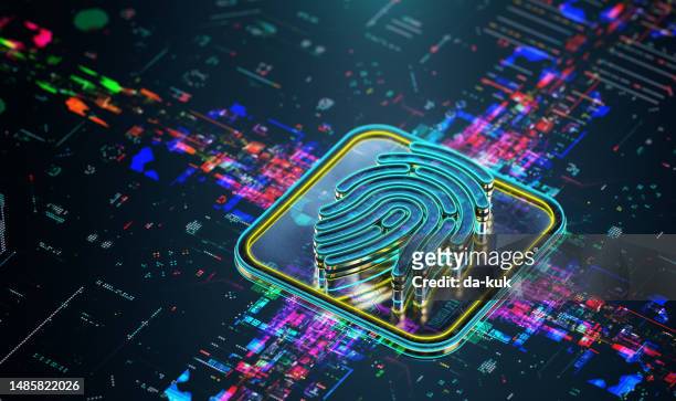 biometric fingerprint authentication. biometric safety concept. modern futuristic technology background. 3d render - personal data stock pictures, royalty-free photos & images