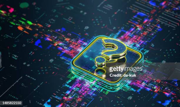 futuristic cpu and question icon. vibrant modern colours. future technology background with space for branding. 3d render - q and a stockfoto's en -beelden