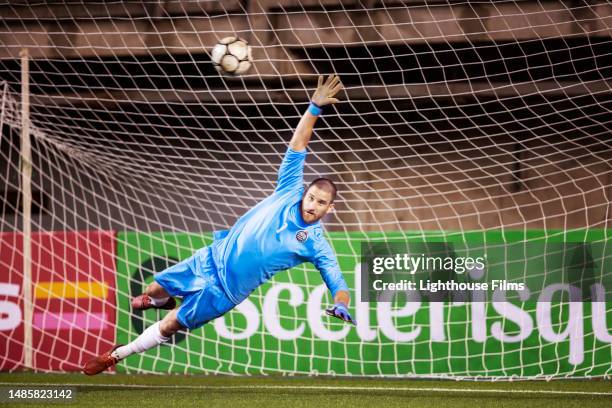 professional male soccer goalie dives to block shot into his net during international match - coordinated effort stock pictures, royalty-free photos & images