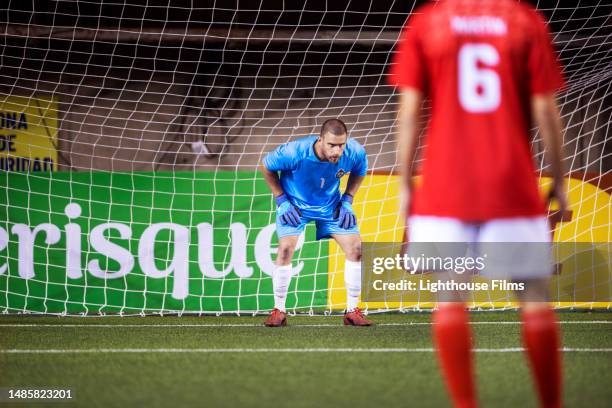 international soccer goalie keeps defensive stance while preparing to guard soccer ball from his net - midfielder soccer player stockfoto's en -beelden