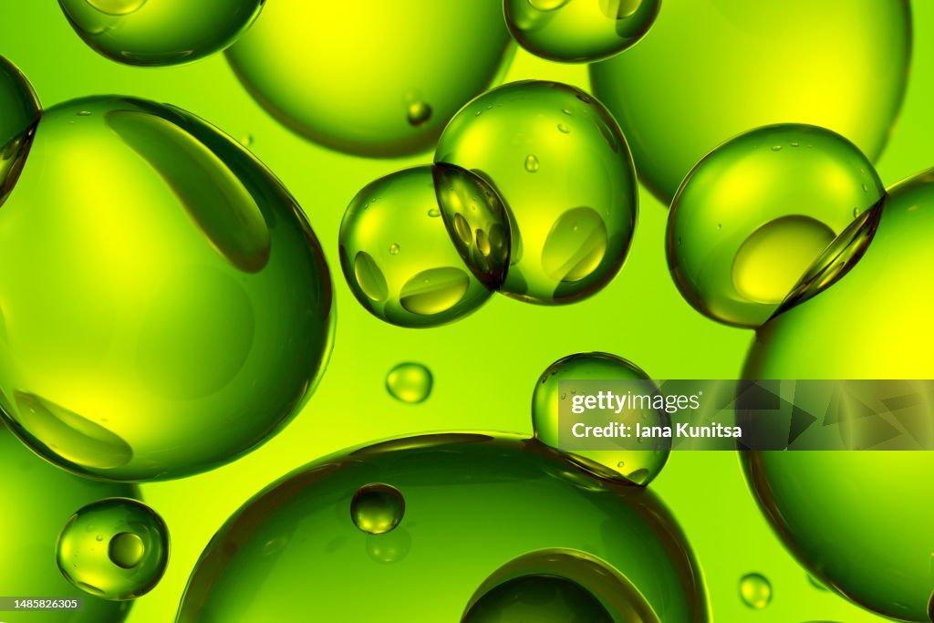Green molecules, bubbles, drops. 3D pattern. Beauty background. Healthcare and medicine.