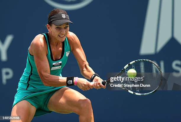 Chanelle Scheepers of the Republic of South Africa returns to Varvara Lepchenko during day five of the Mercury Insurance Open Presented By Tri-City...