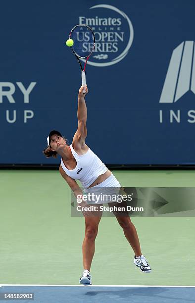 Varvara Lepchenko serves to Chanelle Scheepers of the Republic of South Africa during day five of the Mercury Insurance Open Presented By Tri-City...