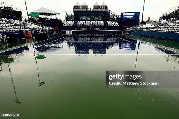 Center court as play is suspended due to rain during the BB&T Atlanta Open at Atlantic Station on July 18, 2012 in Atlanta, Georgia.