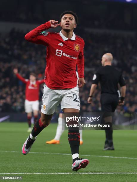 Jadon Sancho of Manchester United celebrates scoring their first goal during the Premier League match between Tottenham Hotspur and Manchester United...