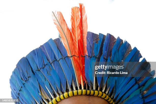 colored indigenous headdress, amazon region, brazil - kopfschmuck accessoires stock-fotos und bilder