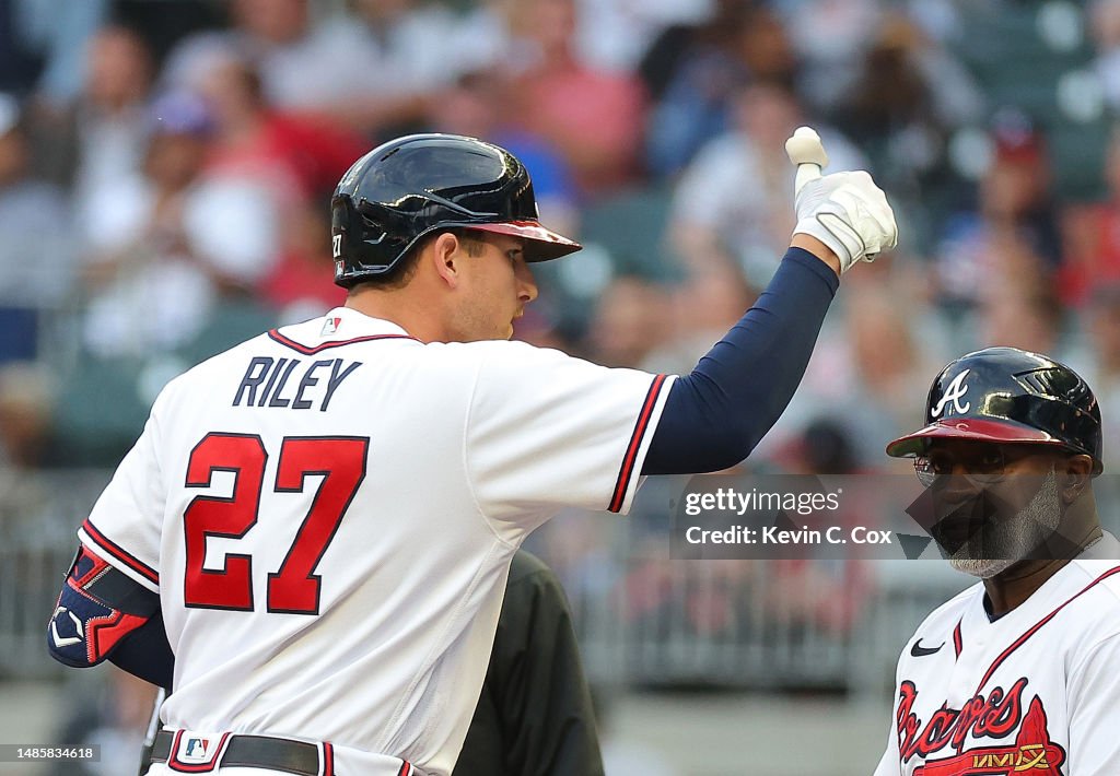 Bravws Riley Chain Austin Riley of the Atlanta Braves reacts in the first inning against ...