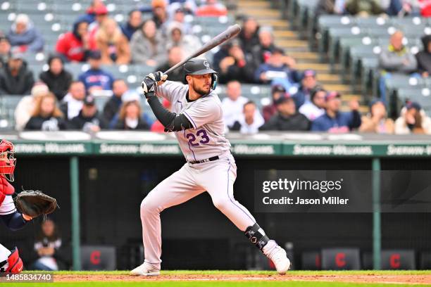 Kris Bryant of the Colorado Rockies at bat during the second inning against the Cleveland Guardians at Progressive Field on April 25, 2023 in...