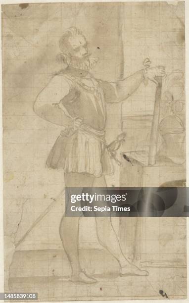 Portrait of a squire standing full-length, draughtsman: anonymous, Noord-Italië, , 1590 - 1599, paper, pen, brush, h 280 mm × w 172 mm.