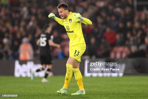 Neto of AFC Bournemouth celebrates after teammate Marcus Tavernier scores the team's first goal during the Premier League match between Southampton...