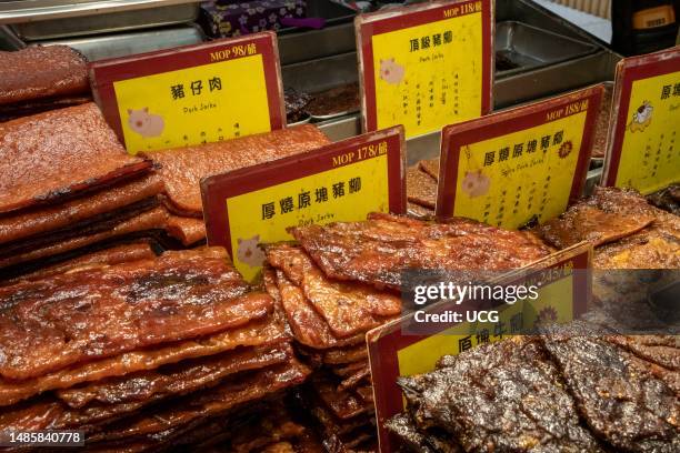 Shop selling the famous Macau pork jerky, Macau, China.