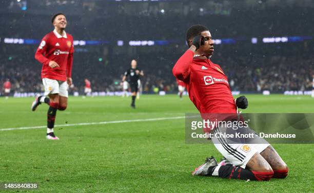 Marcus Rashford of Manchester United celebrates scoring their teams second goal during the Premier League match between Tottenham Hotspur and...